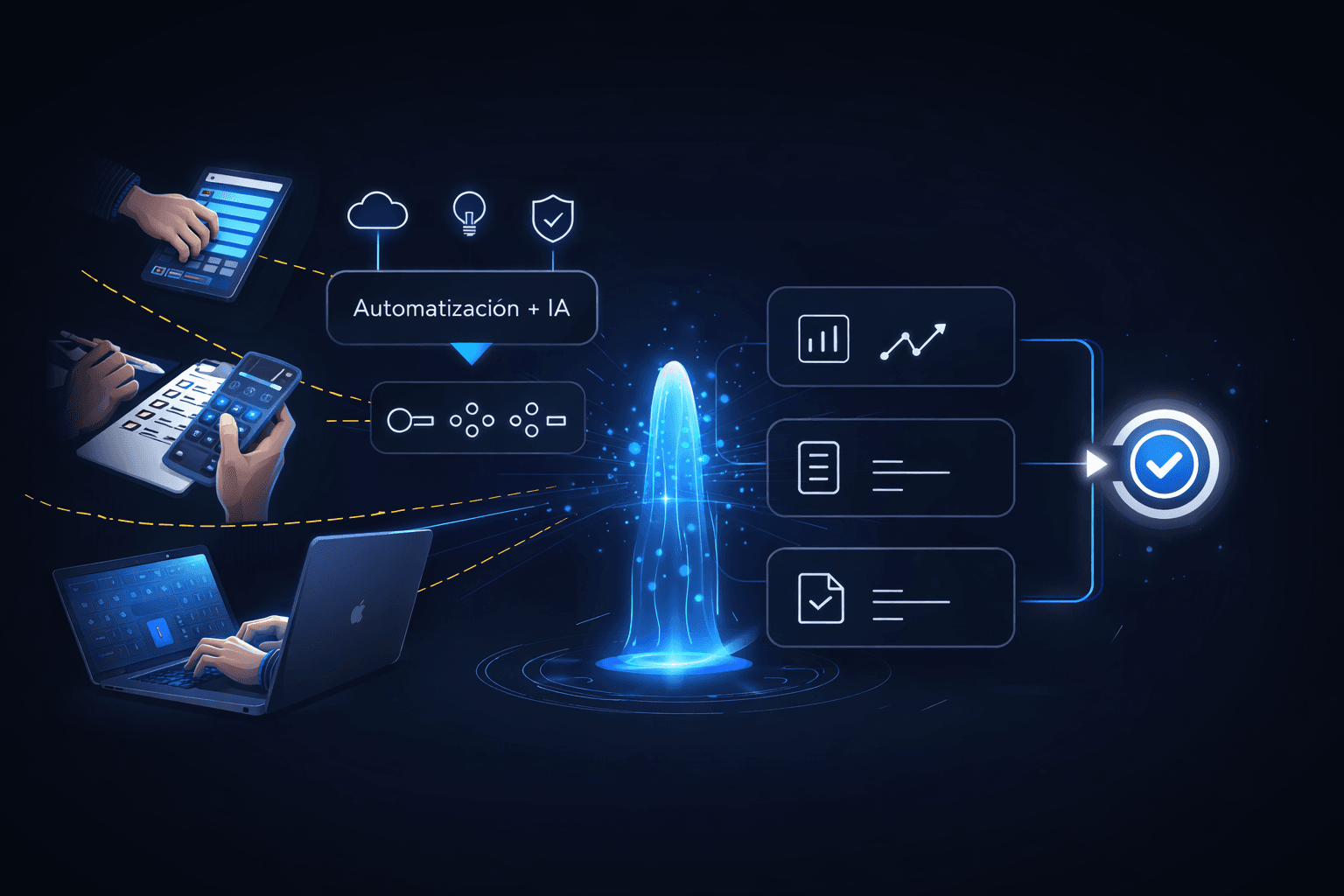 Flujo visual de automatización operativa para reducir trabajo manual, ganar continuidad y operar con menos fricción